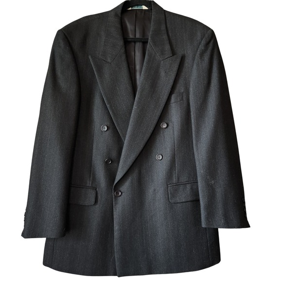 Vintage Evan-Picone Double-Breasted Suit Jacket 42R Black Dark Grey Thin Stripes